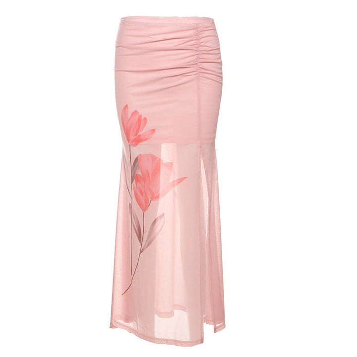Flower print slit ruched mesh maxi skirt  | Festival Outfits Women