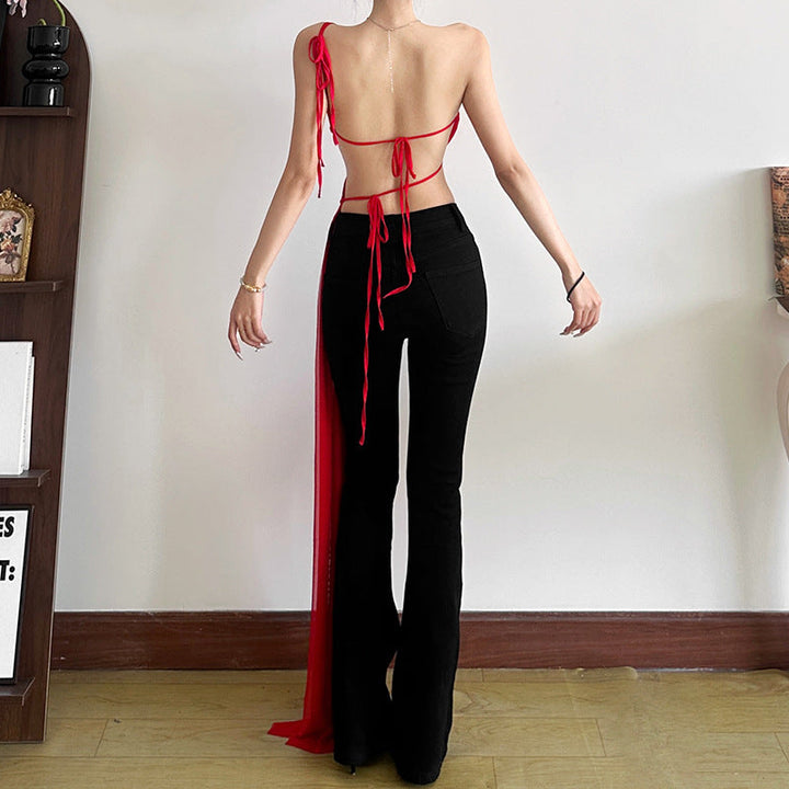 Self tie backless ruched mesh top  | Festival Outfits Women