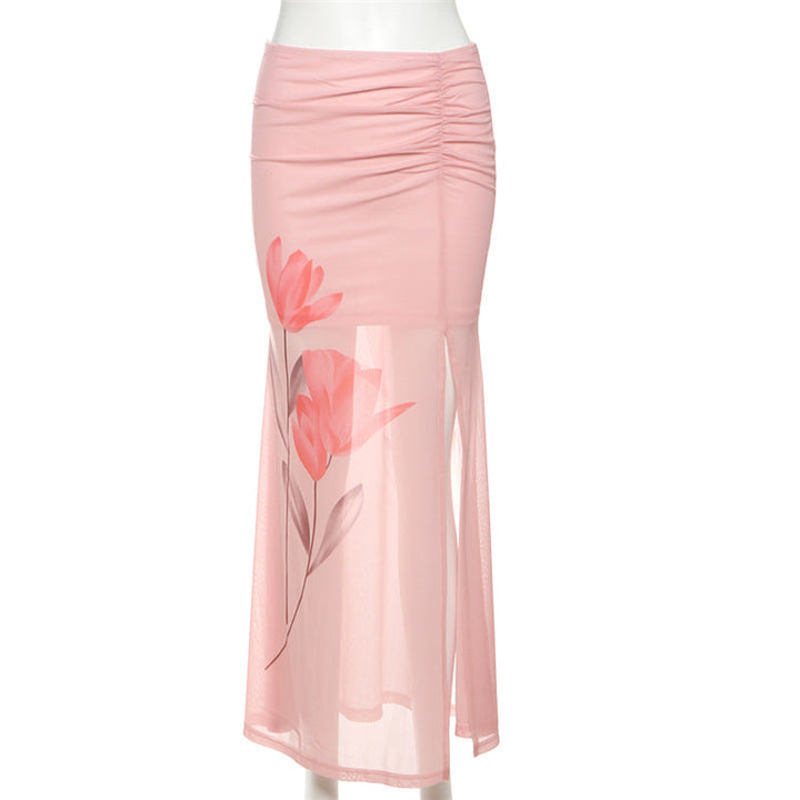 Flower print slit ruched mesh maxi skirt  | Festival Outfits Women