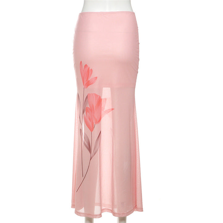 Flower print slit ruched mesh maxi skirt  | Festival Outfits Women