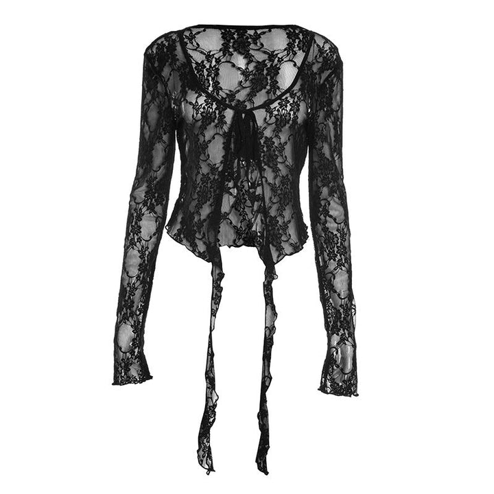 Long sleeve lace ruffle self tie top  | Festival Outfits Women-final-sale