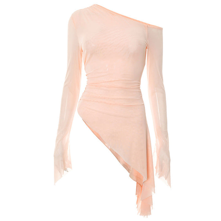 One shoulder long sleeve mesh irregular top  | Festival Outfits Women