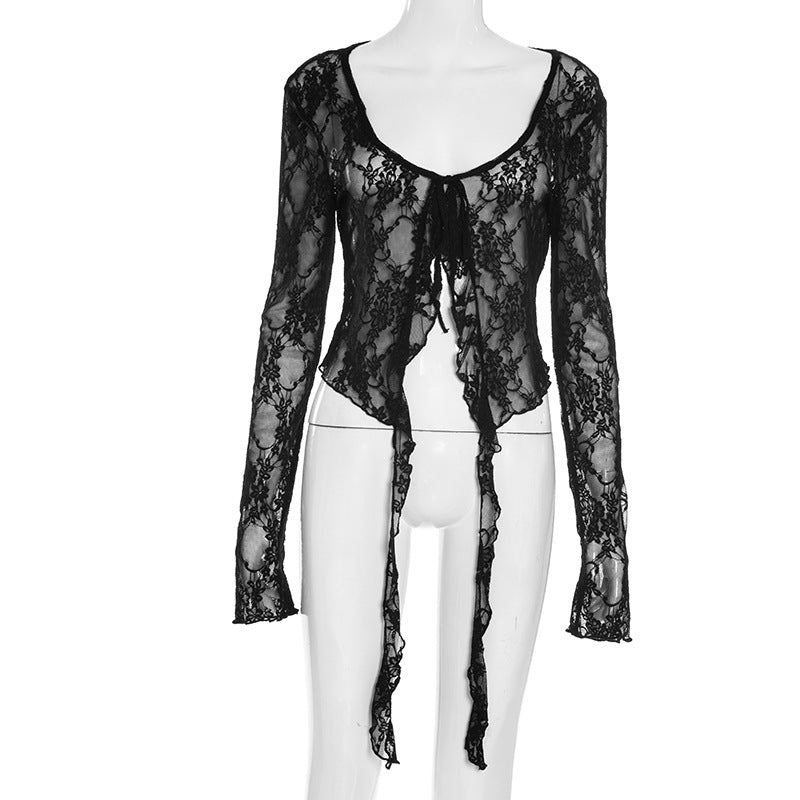 Long sleeve lace ruffle self tie top  | Festival Outfits Women-final-sale