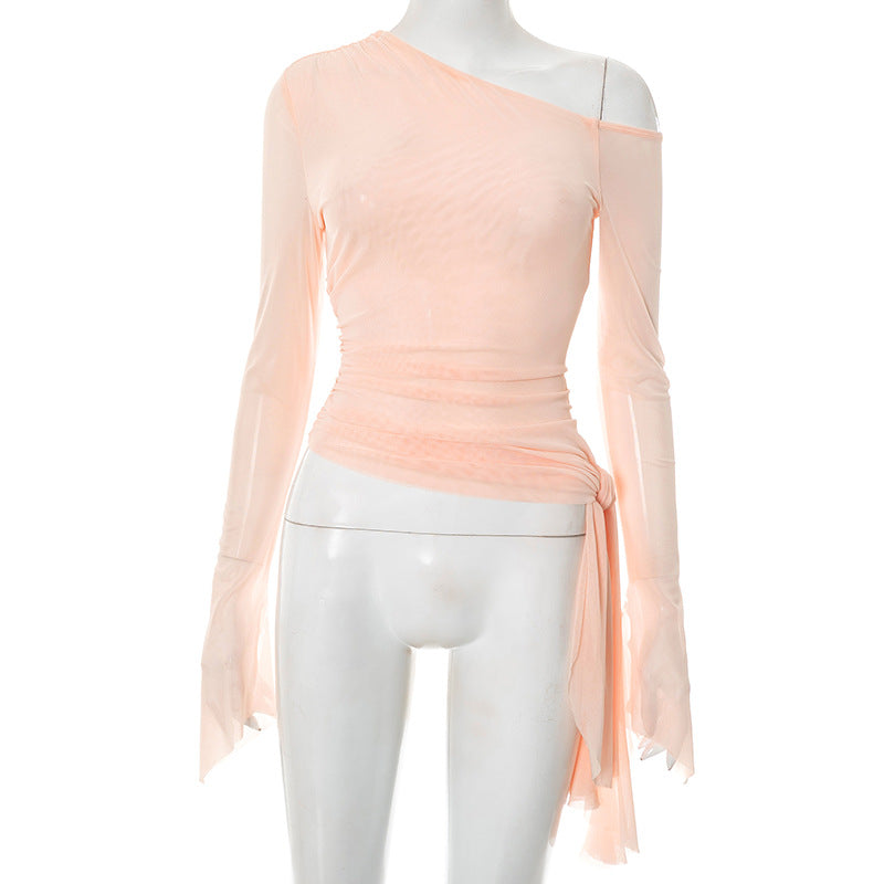 One shoulder long sleeve mesh irregular top  | Festival Outfits Women