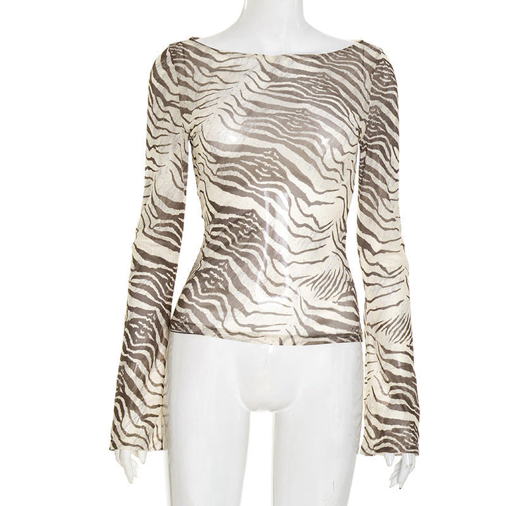 Long sleeve striped print mesh top  | Festival Outfits Women