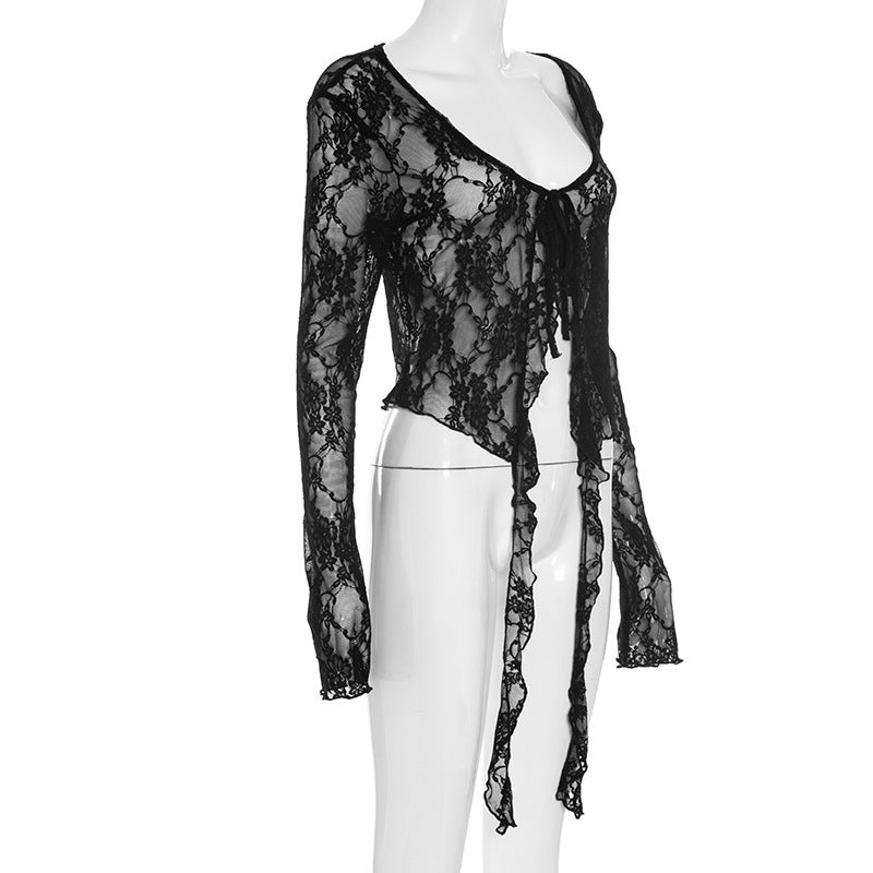 Long sleeve lace ruffle self tie top  | Festival Outfits Women-final-sale