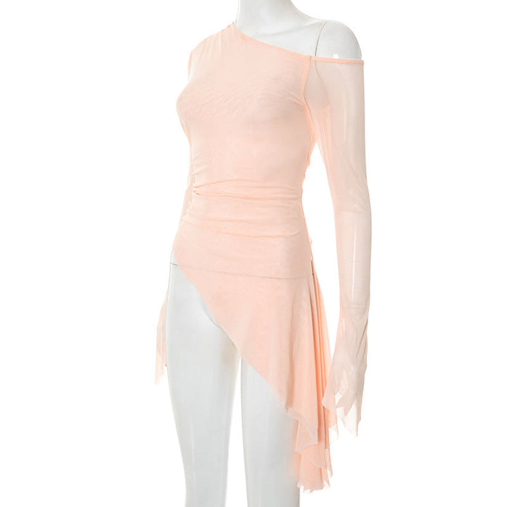 One shoulder long sleeve mesh irregular top  | Festival Outfits Women
