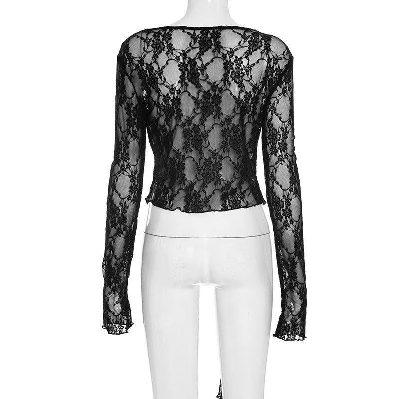Long sleeve lace ruffle self tie top  | Festival Outfits Women-final-sale