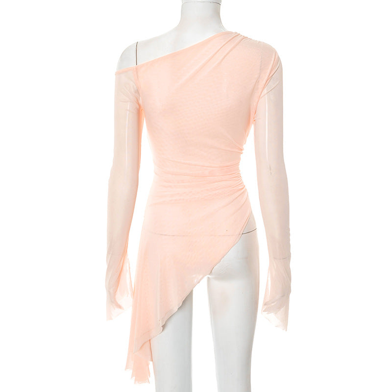 One shoulder long sleeve mesh irregular top  | Festival Outfits Women