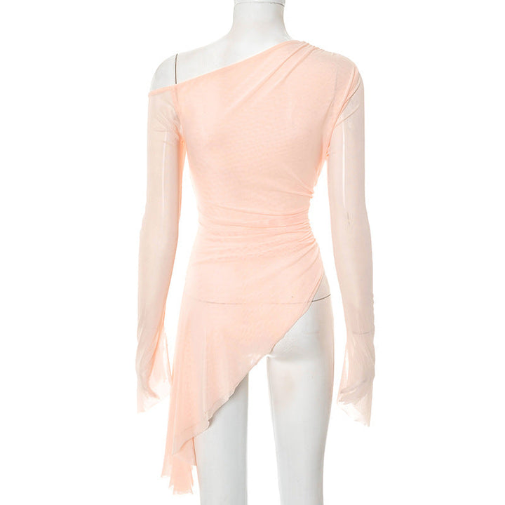 One shoulder long sleeve mesh irregular top  | Festival Outfits Women