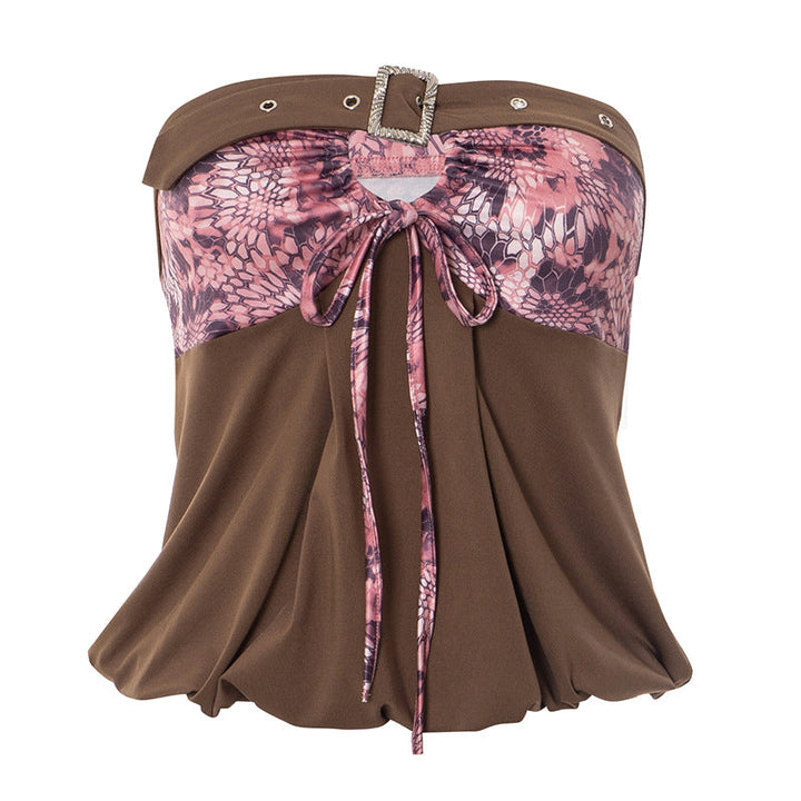 Print hollow out buckle tube cut out top  | Festival Outfits Women