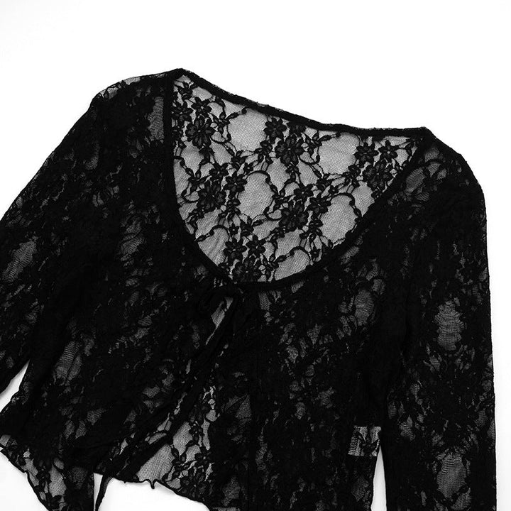 Long sleeve lace ruffle self tie top  | Festival Outfits Women-final-sale