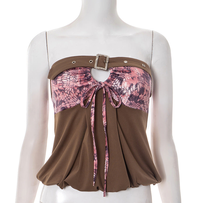 Print hollow out buckle tube cut out top  | Festival Outfits Women