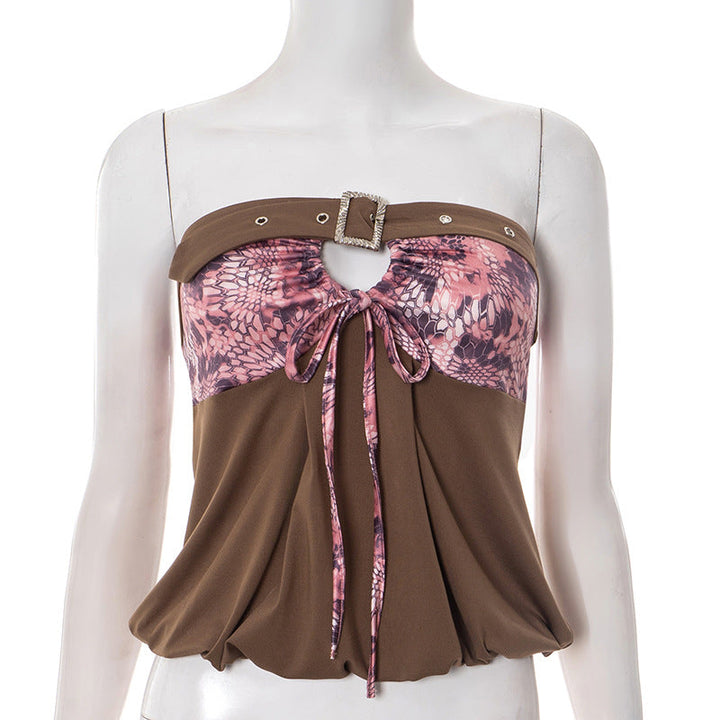Print hollow out buckle tube cut out top  | Festival Outfits Women