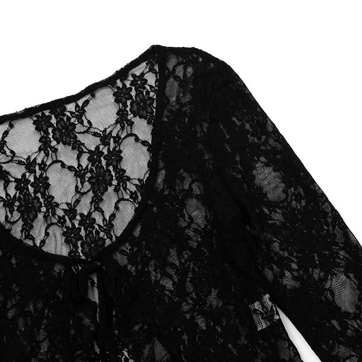 Long sleeve lace ruffle self tie top  | Festival Outfits Women-final-sale