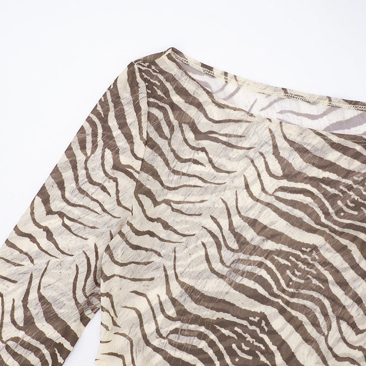 Long sleeve striped print mesh top  | Festival Outfits Women