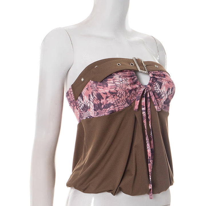 Print hollow out buckle tube cut out top  | Festival Outfits Women