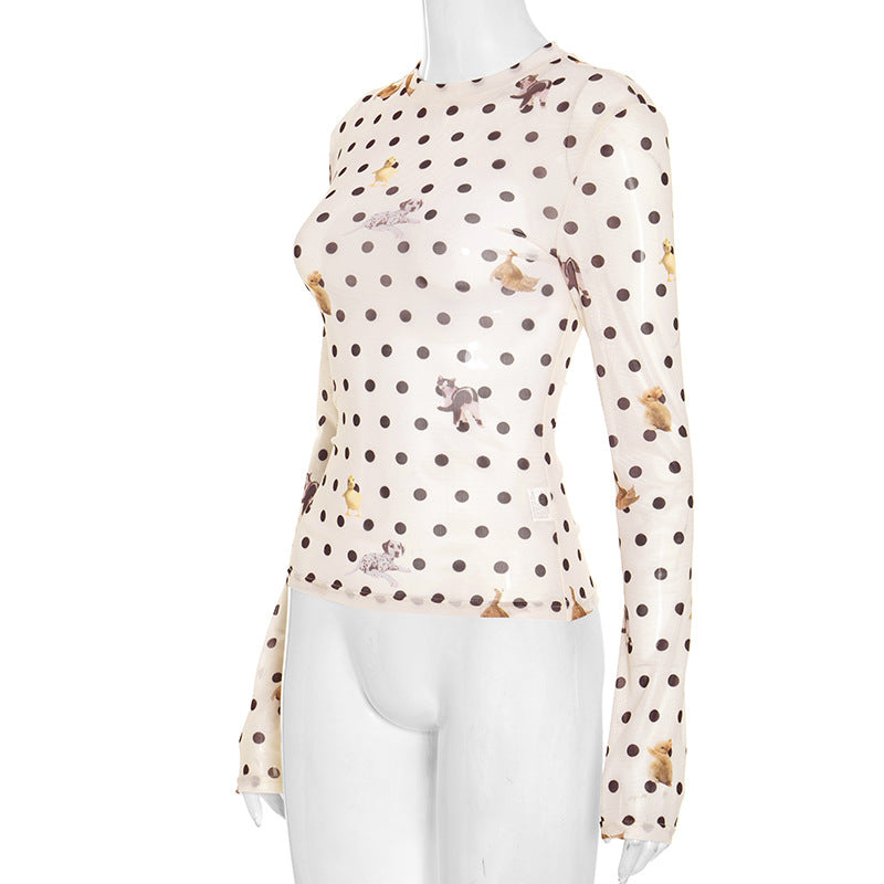 Long sleeve polka dot mesh top  | Festival Outfits Women