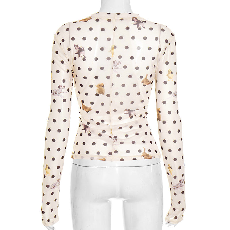 Long sleeve polka dot mesh top  | Festival Outfits Women