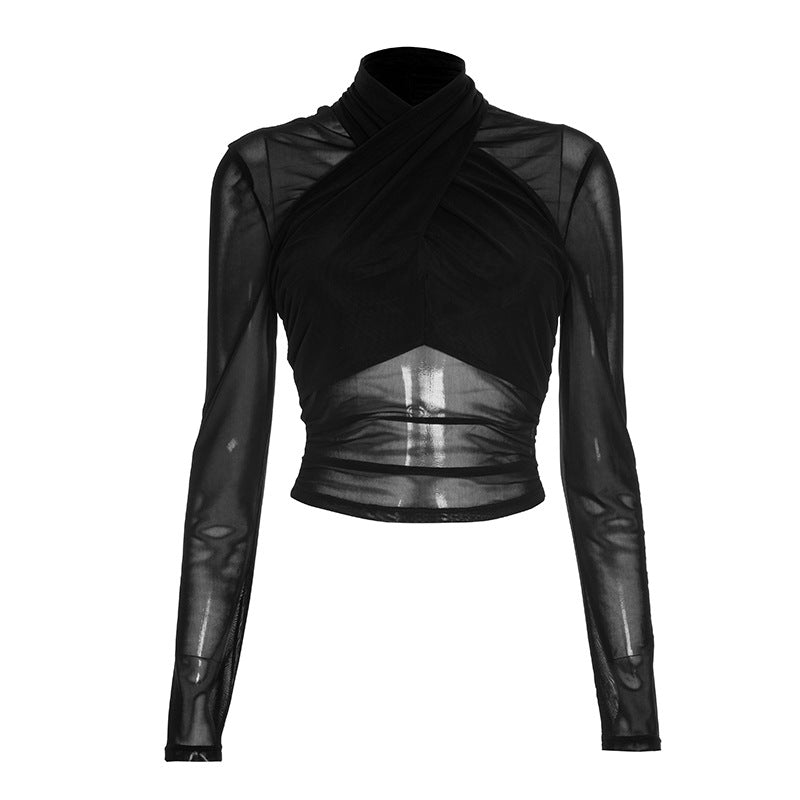 Long sleeve high neck mesh front cross top  | Festival Outfits Women