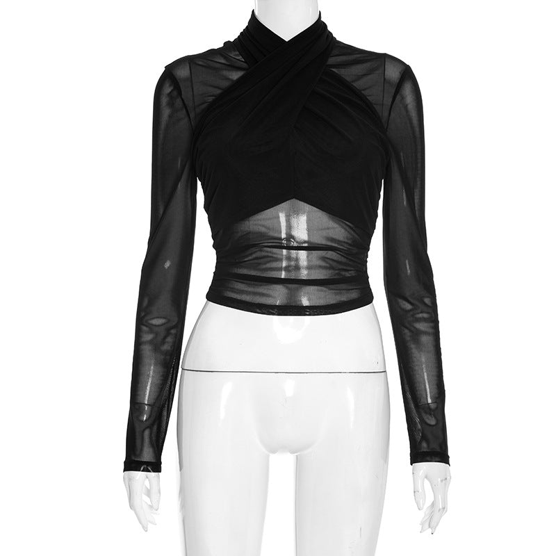 Long sleeve high neck mesh front cross top  | Festival Outfits Women