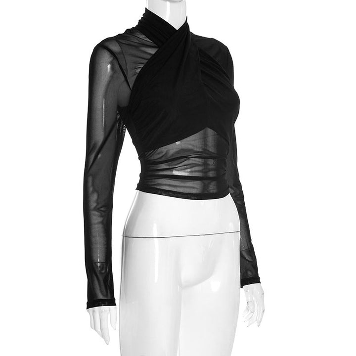 Long sleeve high neck mesh front cross top  | Festival Outfits Women