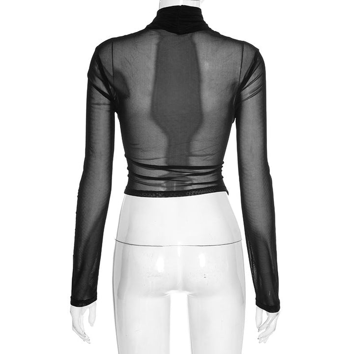 Long sleeve high neck mesh front cross top  | Festival Outfits Women