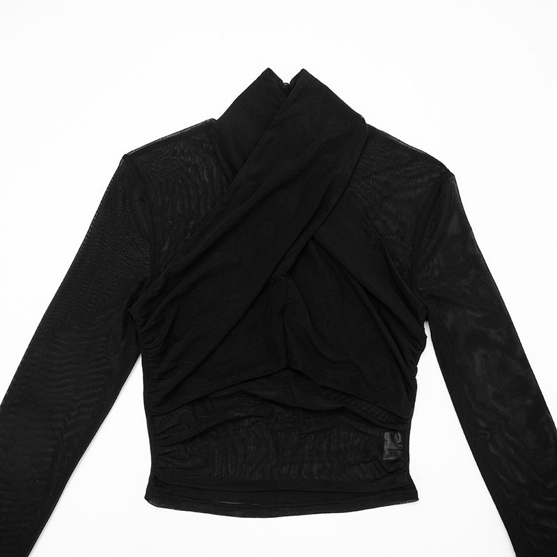 Long sleeve high neck mesh front cross top  | Festival Outfits Women