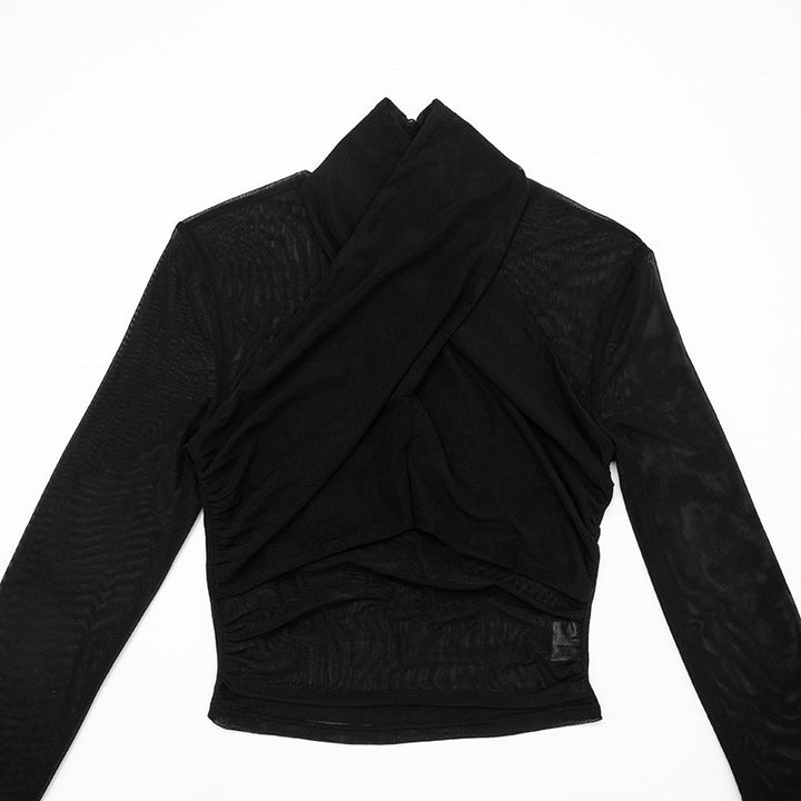Long sleeve high neck mesh front cross top  | Festival Outfits Women