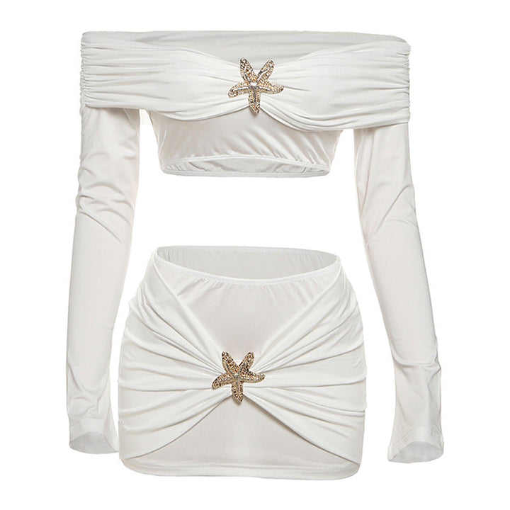Off shoulder long sleeve ruched mini skirt set  | Festival Outfits Women