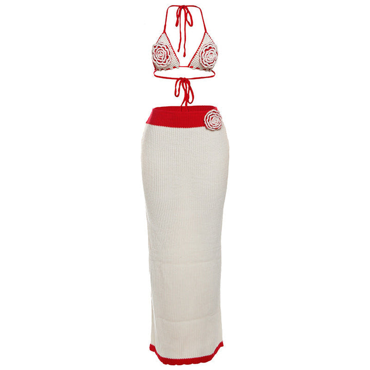 Self tie halter knitted flower applique maxi skirt set  | Festival Outfits Women-final-sale