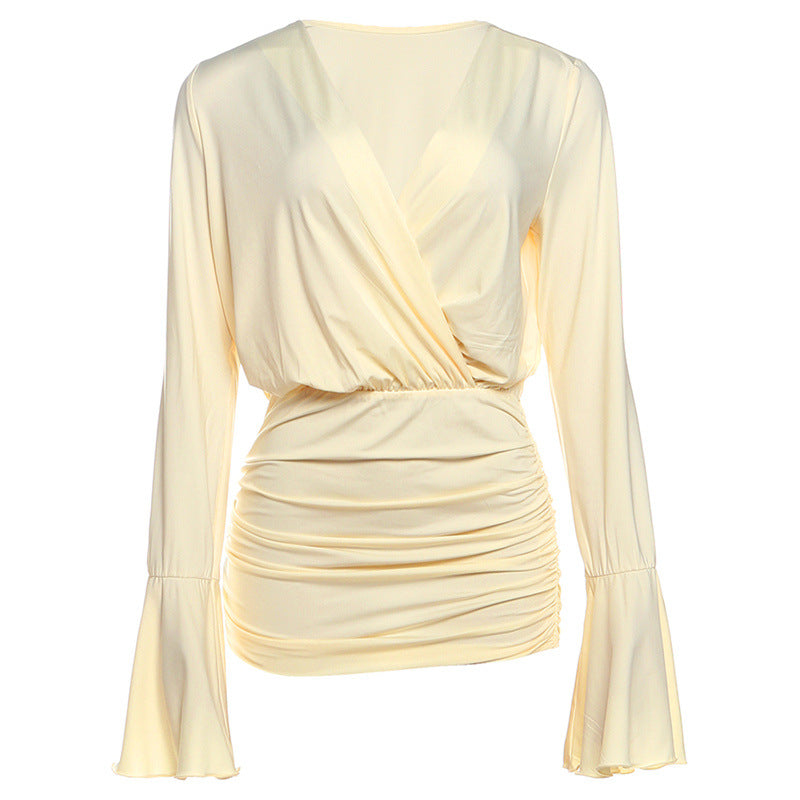Long flared sleeve ruched v neck mini dress  | Festival Outfits Women