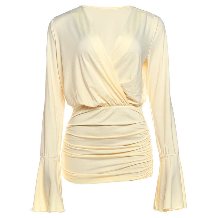 Long flared sleeve ruched v neck mini dress  | Festival Outfits Women