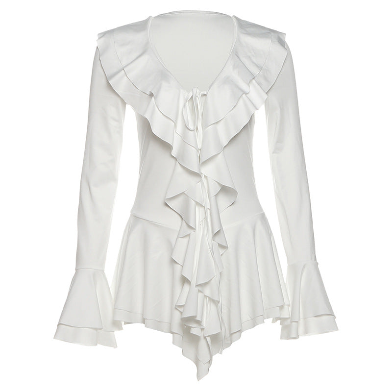 Long flared sleeve ruffle v neck self tie mini dress  | Festival Outfits Women