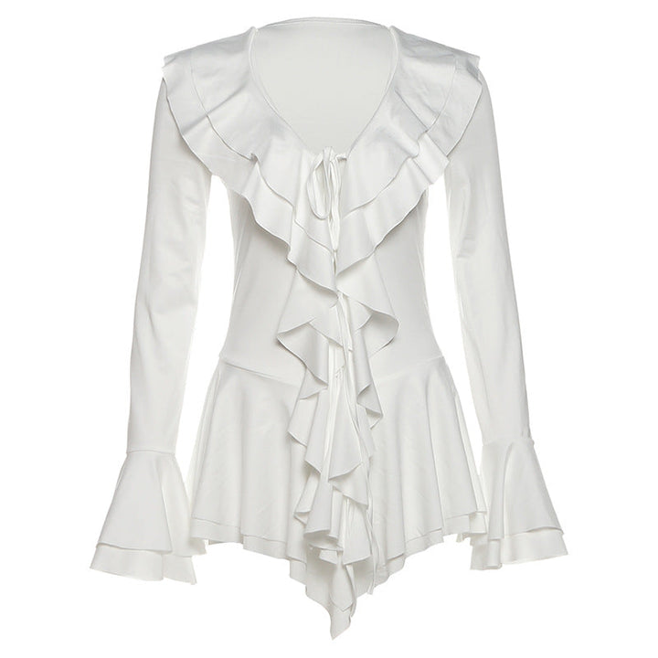 Long flared sleeve ruffle v neck self tie mini dress  | Festival Outfits Women