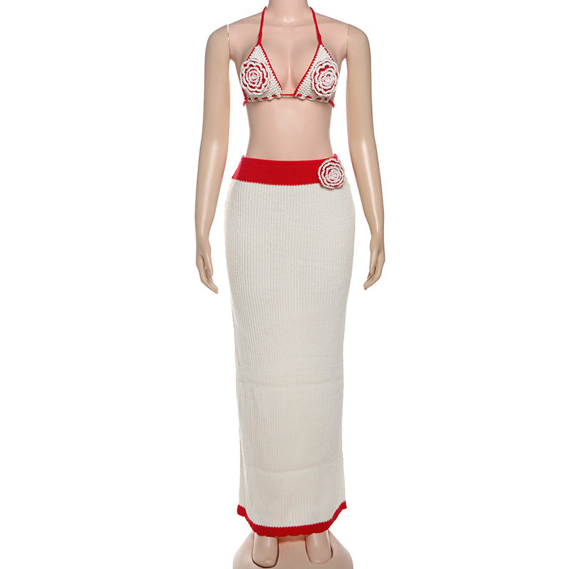 Self tie halter knitted flower applique maxi skirt set  | Festival Outfits Women-final-sale