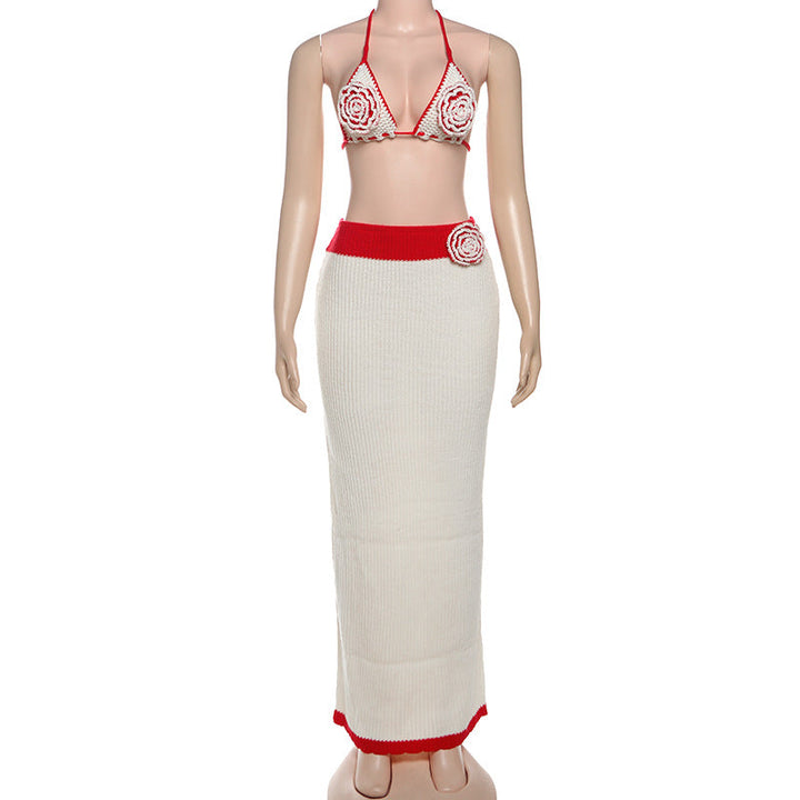 Self tie halter knitted flower applique maxi skirt set  | Festival Outfits Women-final-sale