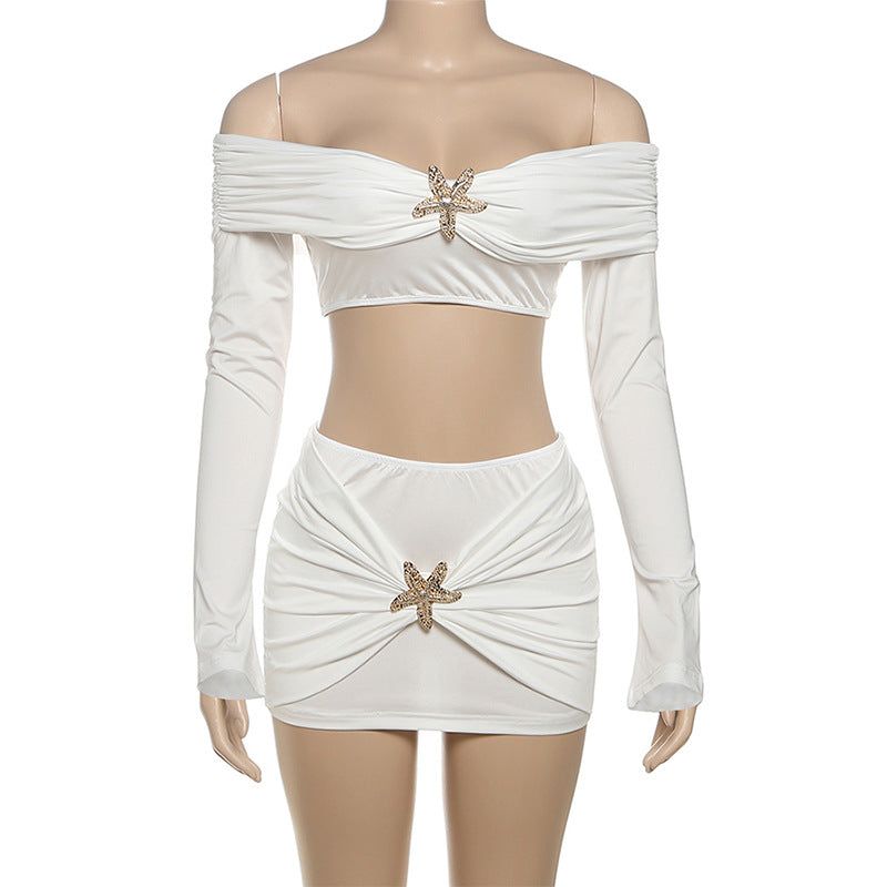 Off shoulder long sleeve ruched mini skirt set  | Festival Outfits Women