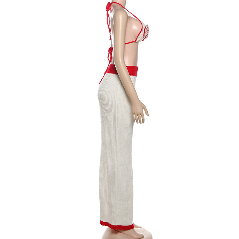 Self tie halter knitted flower applique maxi skirt set  | Festival Outfits Women-final-sale