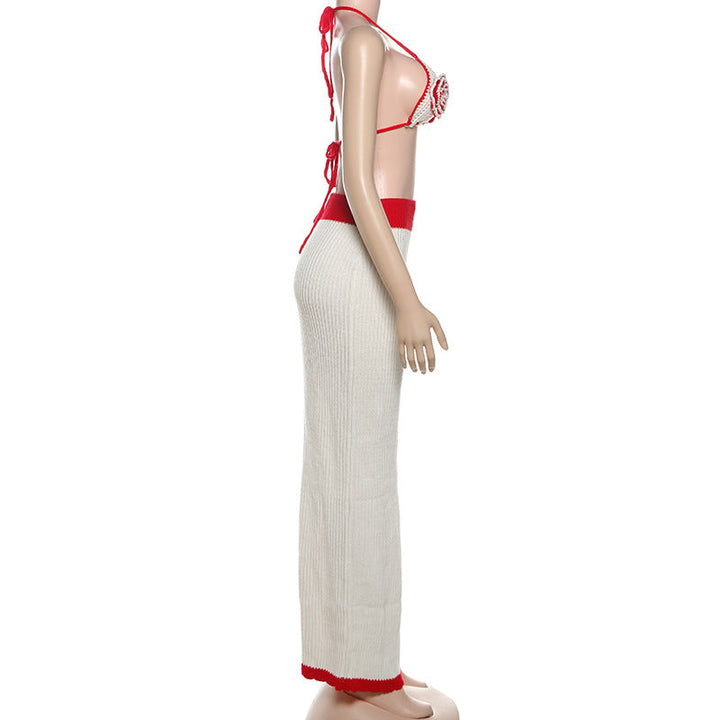 Self tie halter knitted flower applique maxi skirt set  | Festival Outfits Women-final-sale
