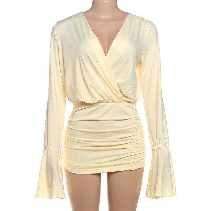 Long flared sleeve ruched v neck mini dress  | Festival Outfits Women