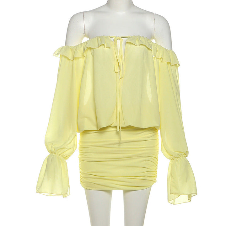 Off shoulder ruched long sleeve self tie mini dress  | Festival Outfits Women