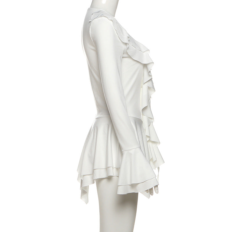 Long flared sleeve ruffle v neck self tie mini dress  | Festival Outfits Women