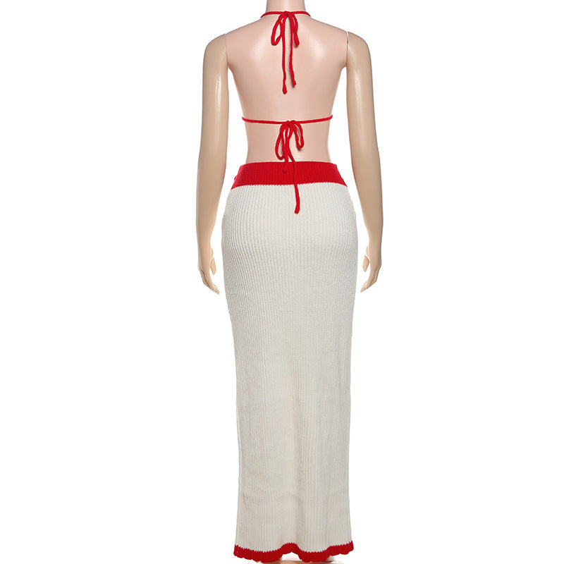 Self tie halter knitted flower applique maxi skirt set  | Festival Outfits Women-final-sale