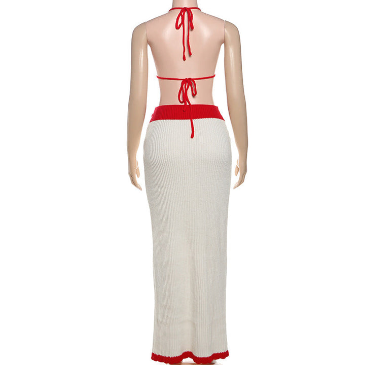 Self tie halter knitted flower applique maxi skirt set  | Festival Outfits Women-final-sale