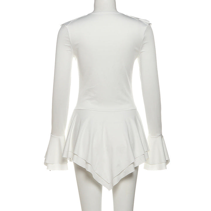 Long flared sleeve ruffle v neck self tie mini dress  | Festival Outfits Women