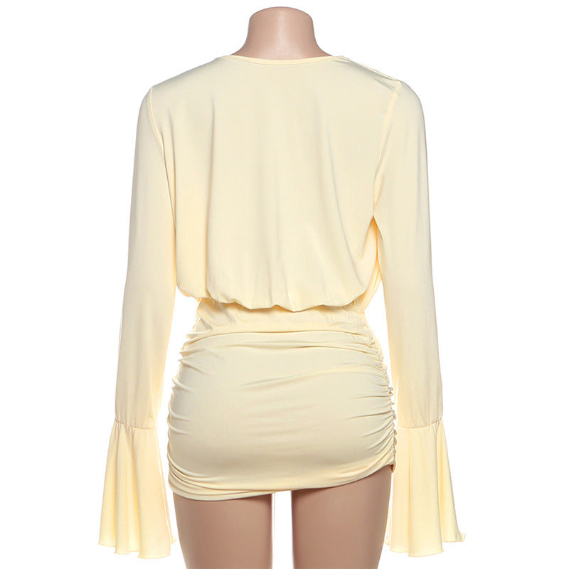 Long flared sleeve ruched v neck mini dress  | Festival Outfits Women