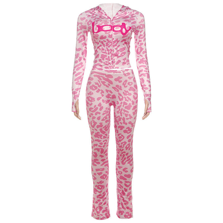 Leopard print hoodie long sleeve zip-up pant set  | Festival Outfits Women