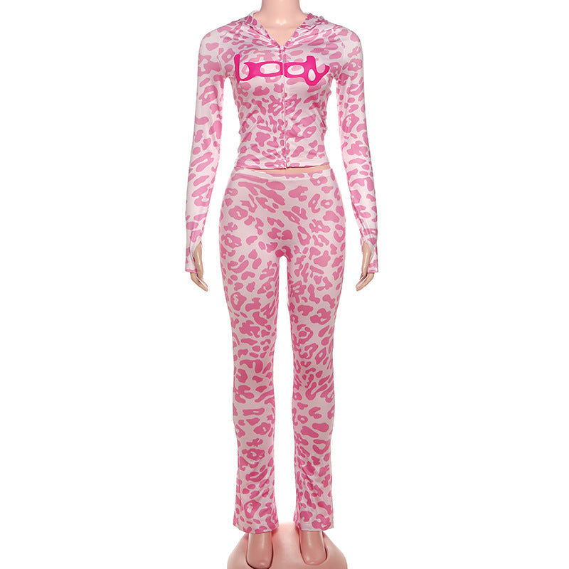 Leopard print hoodie long sleeve zip-up pant set  | Festival Outfits Women