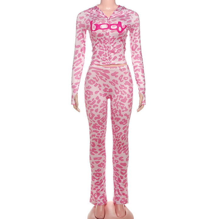 Leopard print hoodie long sleeve zip-up pant set  | Festival Outfits Women